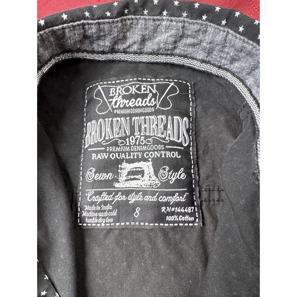 Broken Threads Boys Button Up Shirt Size 8 Black Star Print Short Sleeve